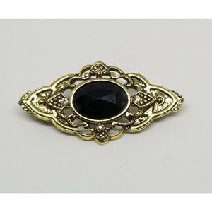 Vintage Gold Tone Openwork Diamond Black Faceted Cabochon Brooch Pin